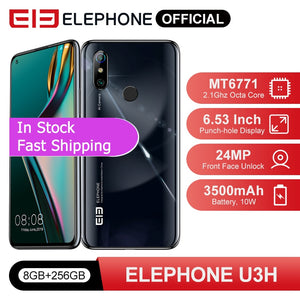 In Stock ELEPHONE U3H Octa Core Smartphone 8GB 256GB 6.53" FHD+ Screen 48MP IMX586 Rear Cam 24MP Selfie Face Android 9 Phone